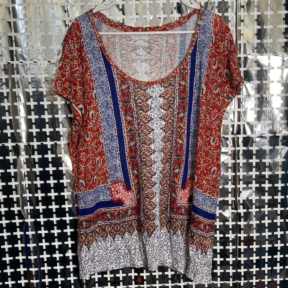 Lucky Brand Red & Blue Printed Short Sleeve Tunic